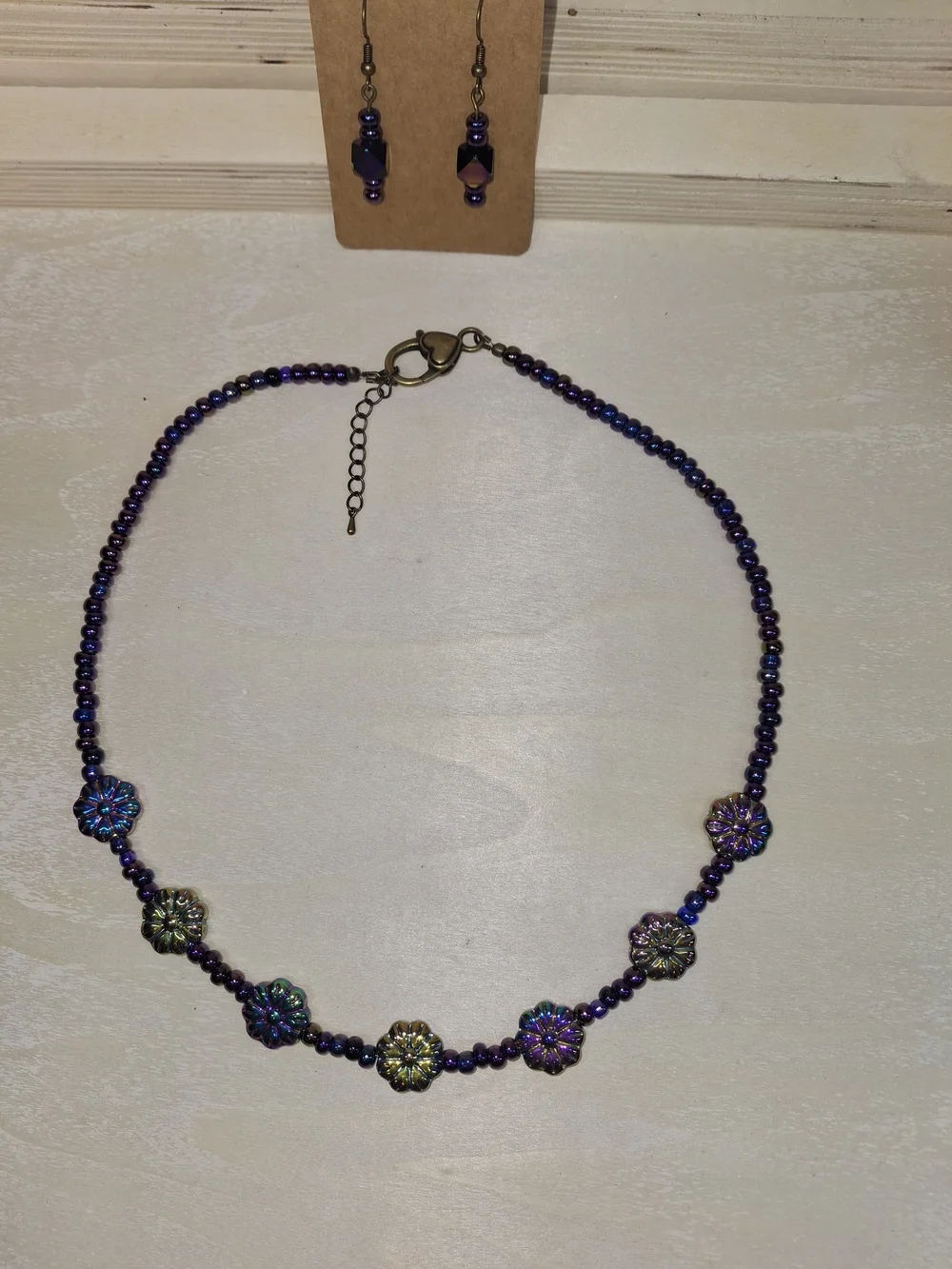 Handmade Iridescent Purple Flower Bead Necklace & Earring Set